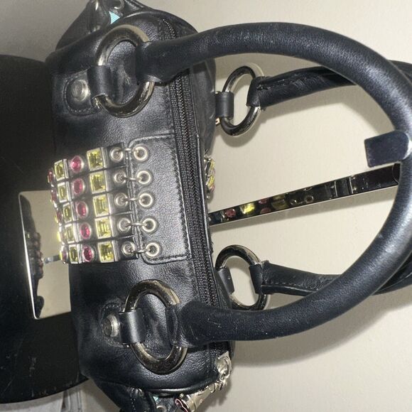 bd Babeed Designer Paris Black Leather Pink Green Rhinestones Hand Bag $395 - Picture 4 of 9